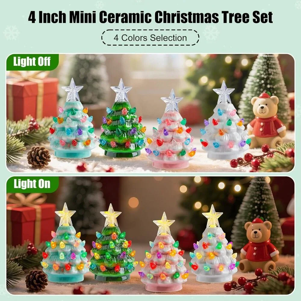 4.3 Inch Mini Ceramic Christmas Tree Set - 4 Pack Tabletop Christmas Tree